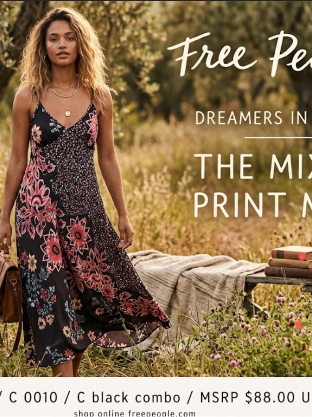 Free People Brown Floral Mixed-Print Midi Dress NWT